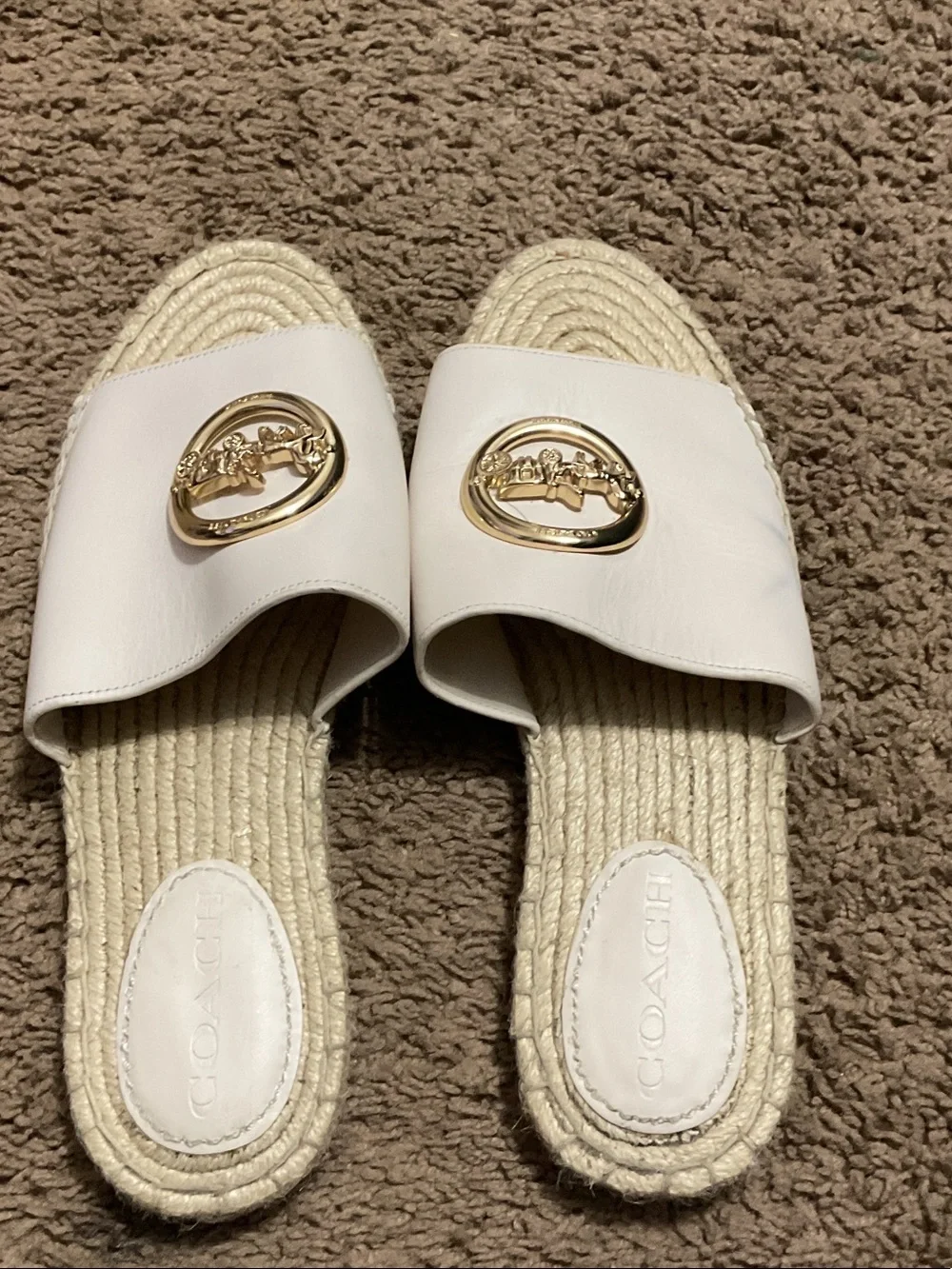 Coach White Leather Slide Sandals with Gold Coach Horse & Carriage Emblem